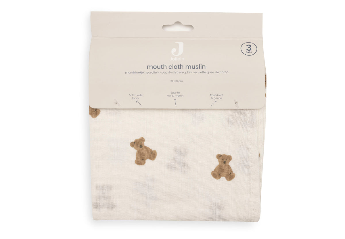 Jollein Tvättlapp i Muslin 31x31cm Mini Teddy Bear (3pack)