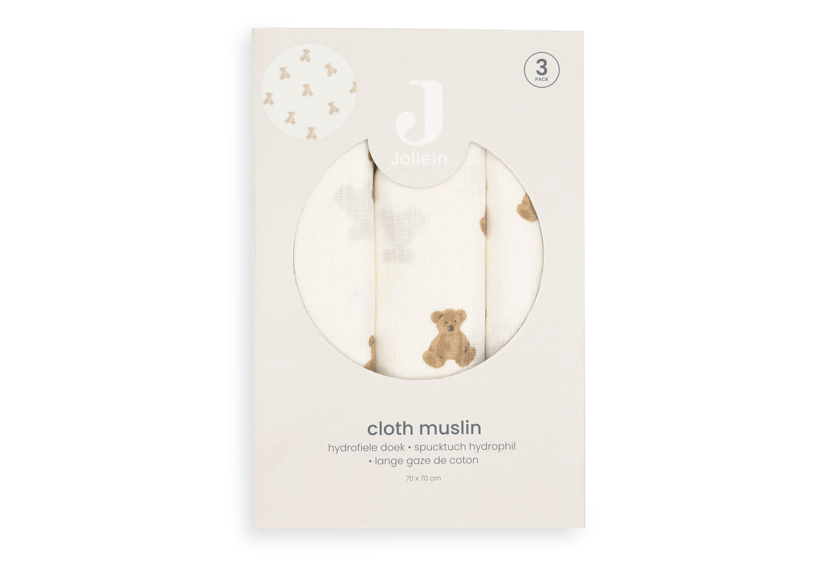 Jollein Muslinfilt 70x70cm Mini Teddy Bear (3pack)