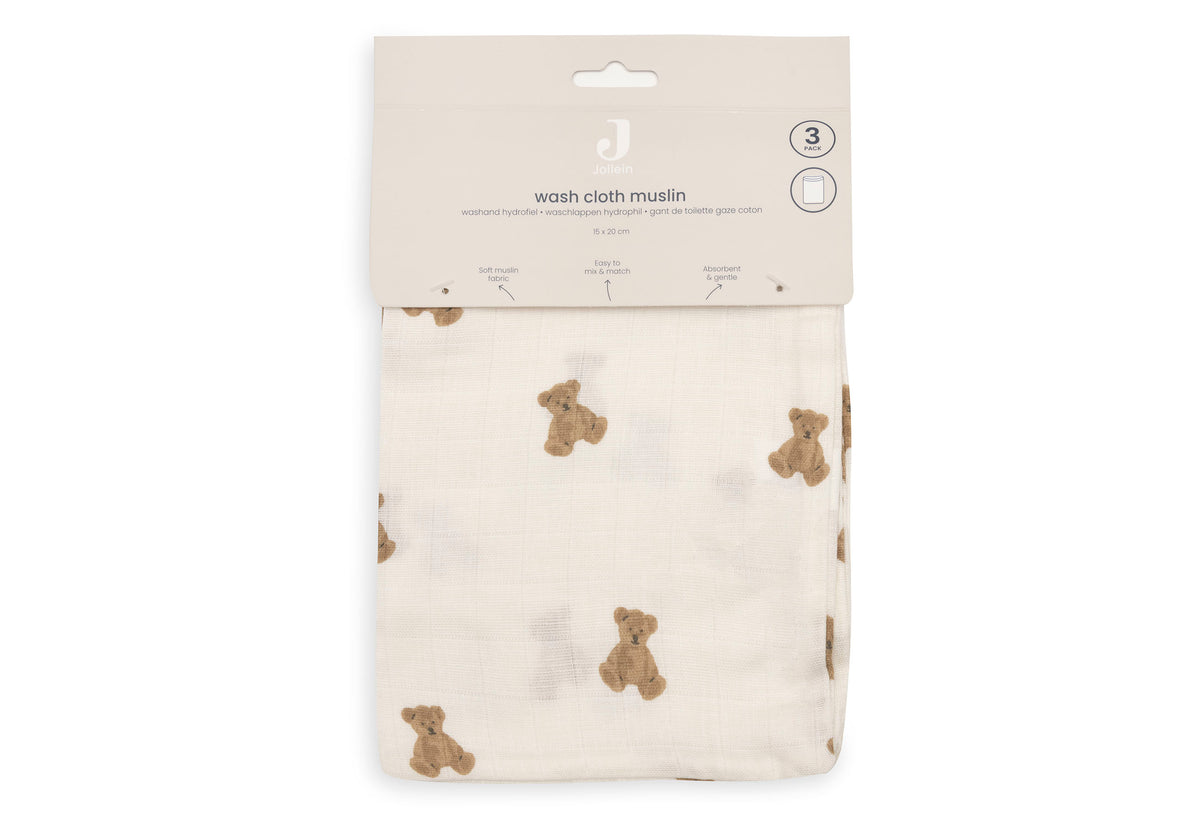 Jollein Tvättvante Muslin 15x20cm Mini Teddy Bear (3pack)