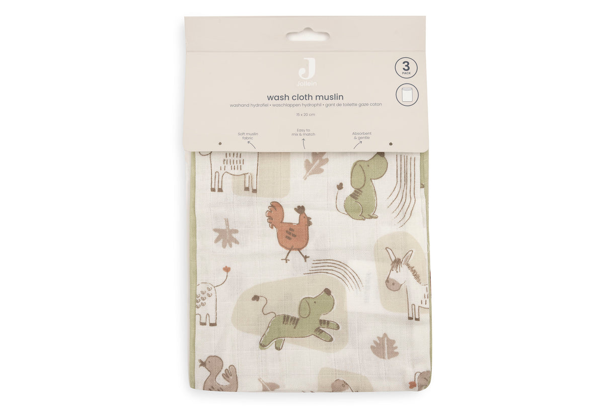 Jollein Tvättvante Muslin 15x20cm Barn Buddies (3pack)