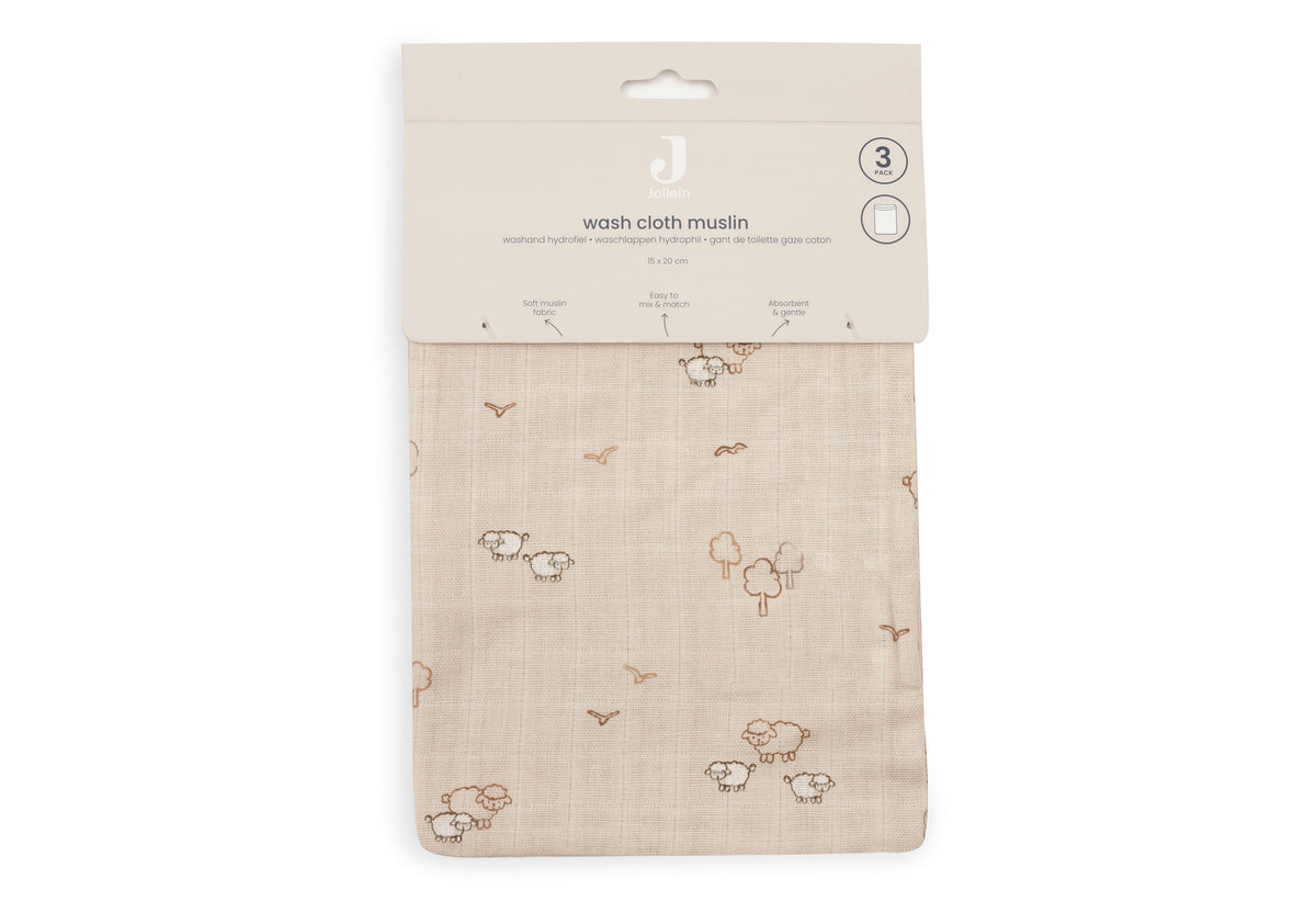Jollein Tvättvante Muslin 15x20cm Woolly (3pack)