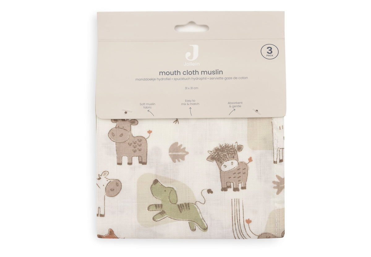 Jollein Tvättlapp i Muslin 31x31cm Barn Buddies (3pack)